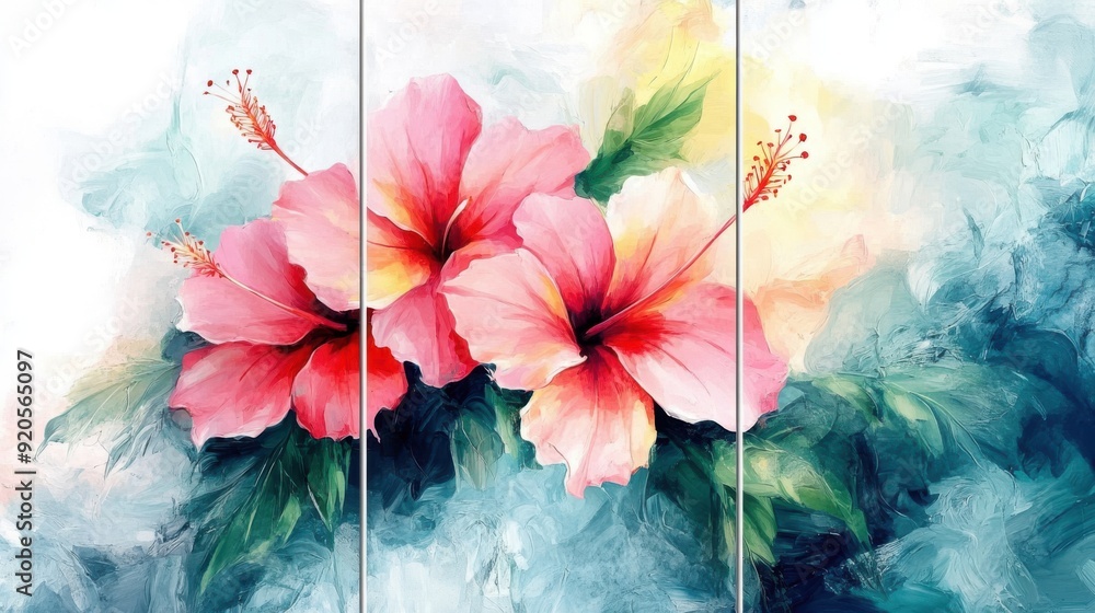 Set of 3 wall art panels with tropical hibiscus flowers abstract painting, white background, close up, split into three Set of 3 wall art panels with tropical hibiscus flowers abstract painting, white background, close up, split into three