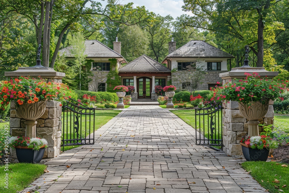 Elegant country home front yard with stone walls, large flower pots at entrance, inviting patio, and lush trees and shrubs in natural daytime lighting. Elegant country home front yard with stone walls, large flower pots at entrance, inviting patio, and lush trees and shrubs in natural daytime lighting.