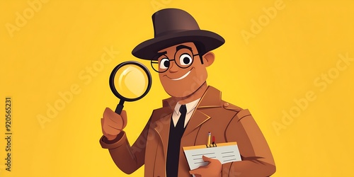 Illustration of a smiling detective in a brown coat and a fedora holding a magnifying glass.