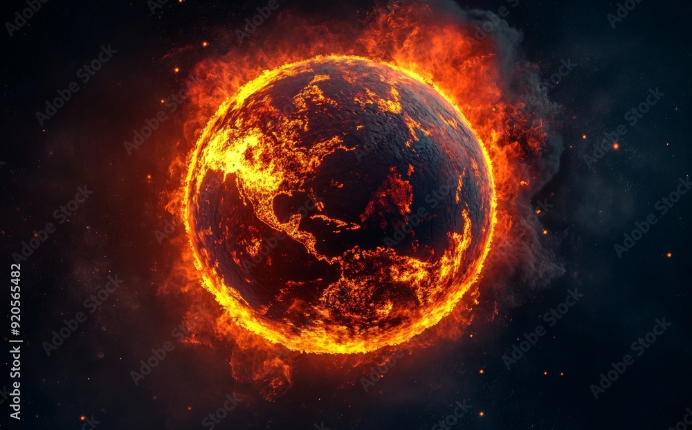 High quality 5K digital space art illustrating a catastrophic event on a planetary scale, with fire and lava flows covering the entire planet. High quality 5K digital space art illustrating a catastrophic event on a planetary scale, with fire and lava flows covering the entire planet.
