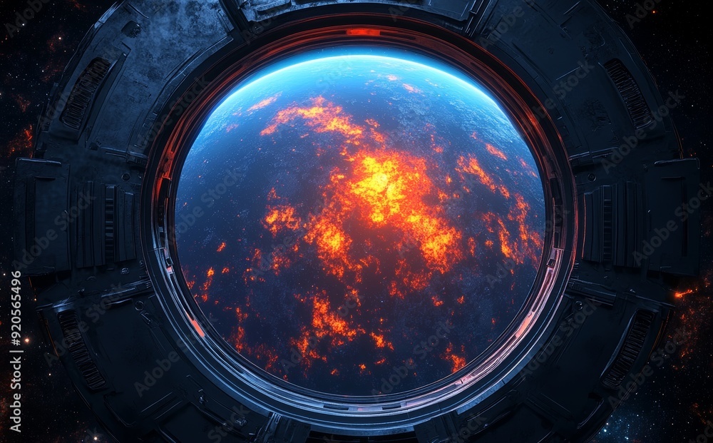 A 3D illustration of planet Earth destroyed by explosions and flames and covered with lava. Digital space art in 5K - ultra realistic.