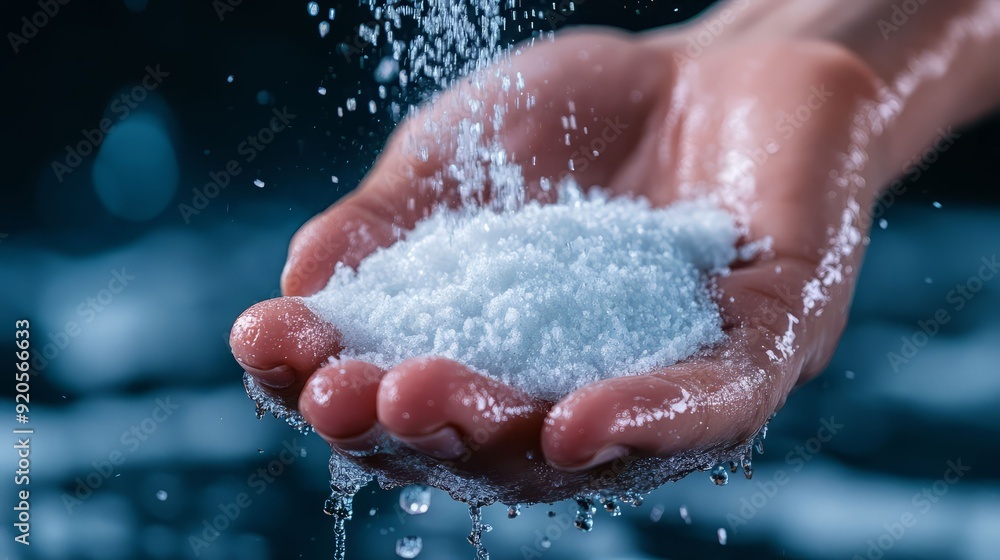Fototapeta premium A close-up of a hand holding fine white salt, with water droplets cascading down, creating a fresh and clean aesthetic.