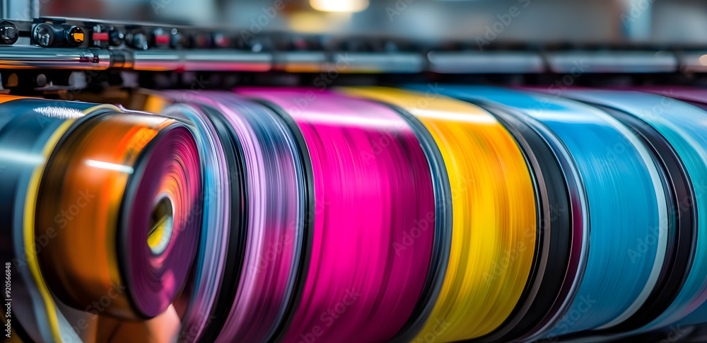 Colorful Printing Rolls on a Modern Press Machine Colorful Printing Rolls on a Modern Press Machine