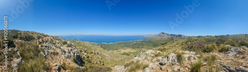 female hiker on the hill in betlem close to Alcudia in mallorca spain on a sunny summer day 