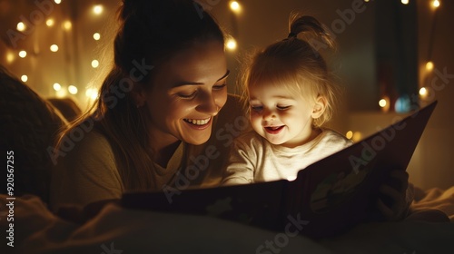 Mother reading a soothing bedtime story to her child for a tranquil and peaceful night s sleep