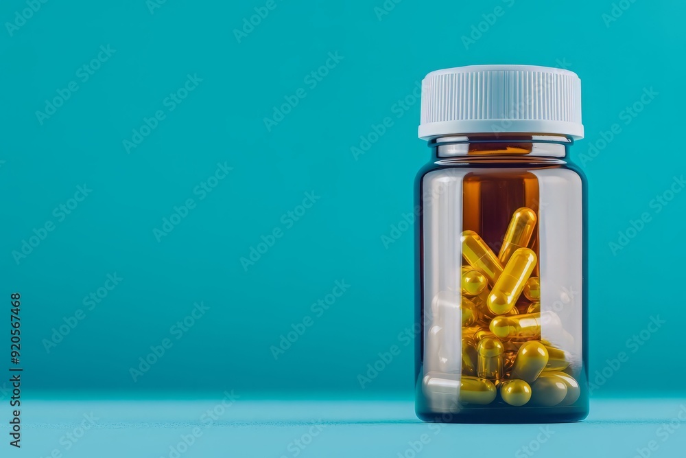 Close-up of a transparent bottle filled with yellow capsules against a vibrant turquoise background. Close-up of a transparent bottle filled with yellow capsules against a vibrant turquoise background.