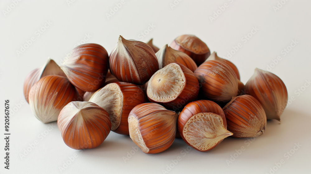 Pile of whole and halved hazelnuts on white background. .. Pile of whole and halved hazelnuts on white background. ..
