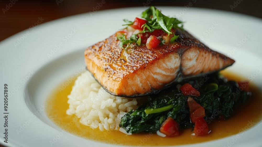 Salmon fillet with a crispy skin, served on a bed of steamed rice and saut spinach Salmon fillet with a crispy skin, served on a bed of steamed rice and saut spinach