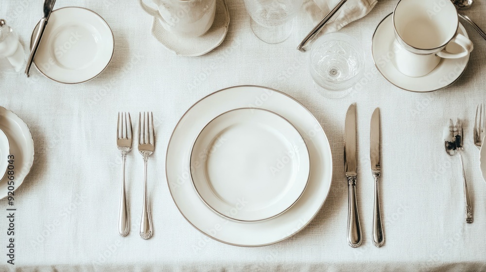 Simple dining table with plain white dishes, silver cutlery, and a minimalist feel Simple dining table with plain white dishes, silver cutlery, and a minimalist feel