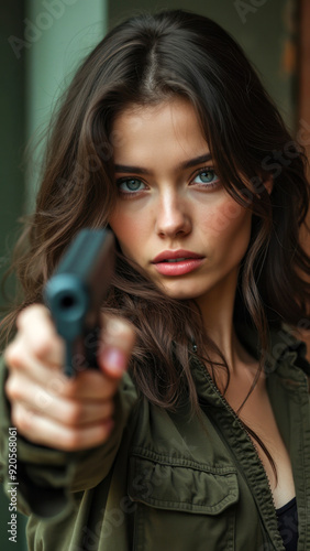 Beautiful young white woman with intense eyes points a gun directly at the camera. She has long, dark hair and wears a green jacket, exuding determination and focus