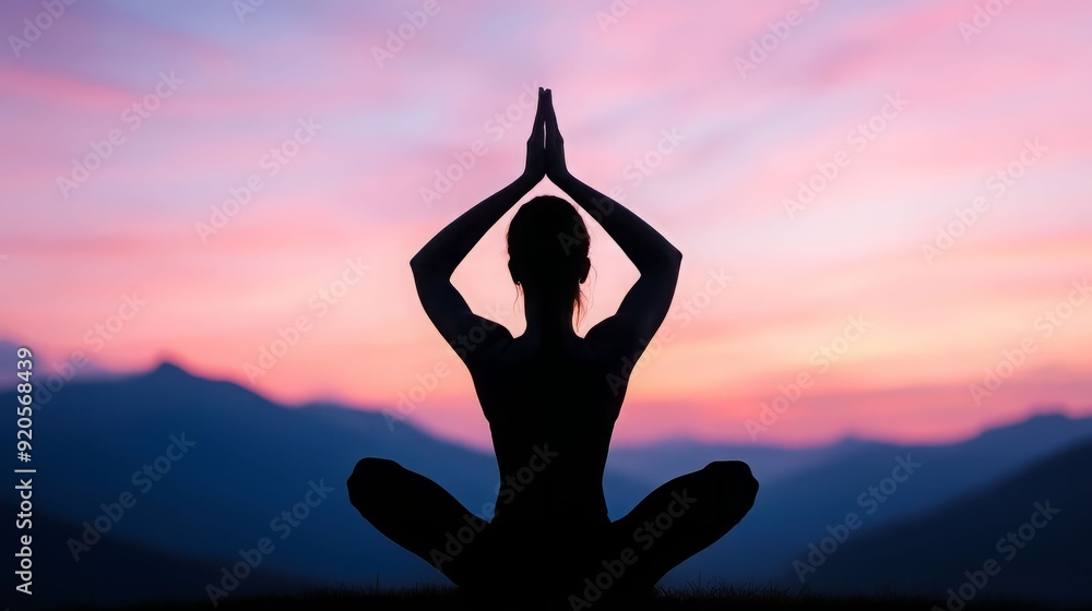 Silhouette of a person practicing yoga at sunset, showcasing tranquility and peacefulness against a vibrant sky. Silhouette of a person practicing yoga at sunset, showcasing tranquility and peacefulness against a vibrant sky.