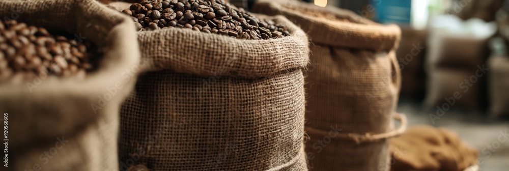 Obraz premium Large burlap sacks brimming with coffee beans in a rustic setting, illustrating the traditional storage methods and natural appeal of coffee.