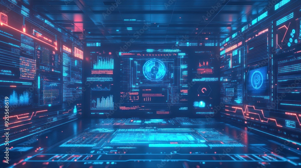 Futuristic Room with Holographic Interface and Digital Data Futuristic Room with Holographic Interface and Digital Data