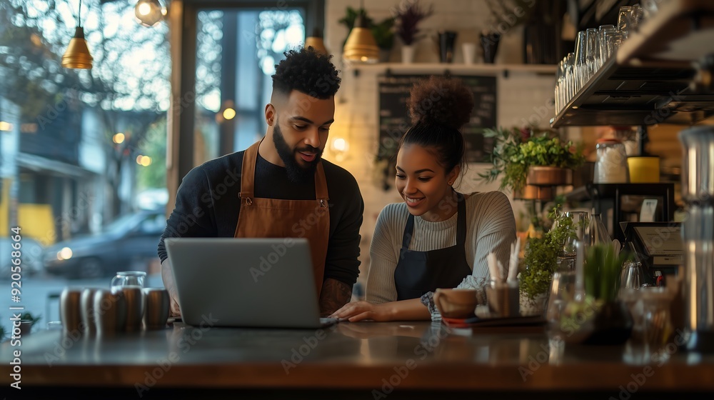 Two Baristas Working on a Laptop in a Cafe Two Baristas Working on a Laptop in a Cafe
