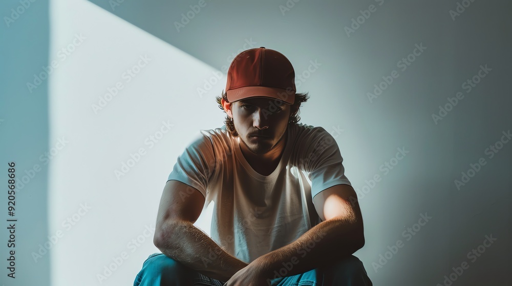 A young man sits with his arms crossed and stares intensely at the camera. A young man sits with his arms crossed and stares intensely at the camera.