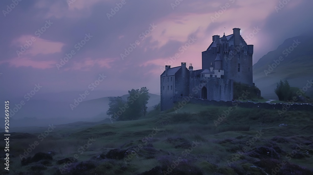 A lovely setting including a castle and a hillside at dusk A lovely setting including a castle and a hillside at dusk