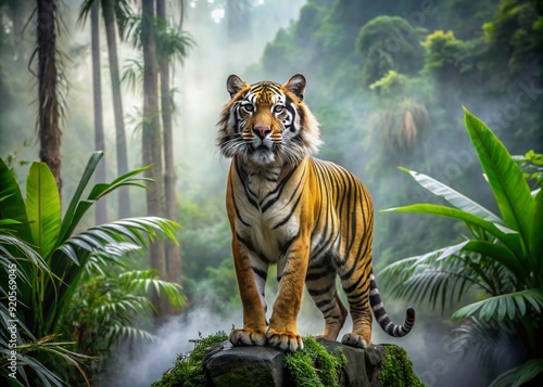 A majestic Sumatran tiger stands majestically in a lush jungle, its powerful roar echoing through the misty air as it asserts its dominance in the wild. photo