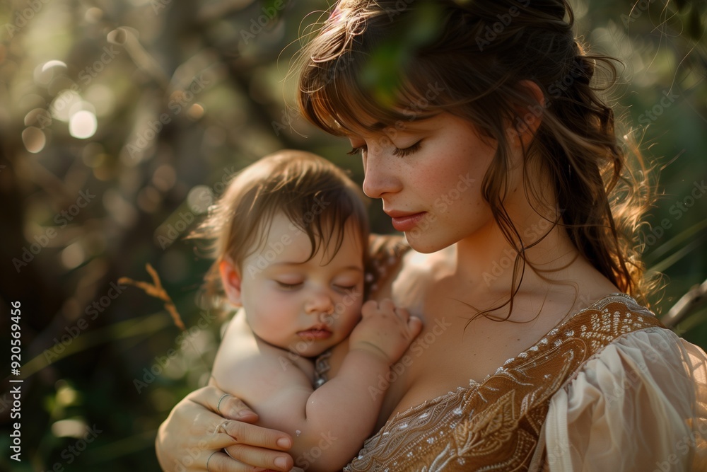 Woman holding a sleeping baby in a warm embrace, sunlight filters through the trees. Woman holding a sleeping baby in a warm embrace, sunlight filters through the trees.