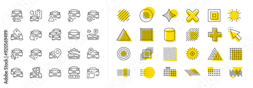 Auto transport review, vehicle parking and car diagnostic set. Design shape elements. Car line icons. Sedan service, electric power auto and taxi five stars rating icons. Vector