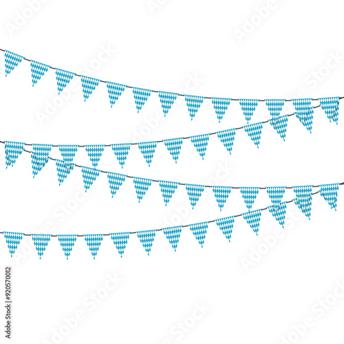 Bavarian flag colors triangle garlands on white background. Decoration for party, card, poster, banner, festival.