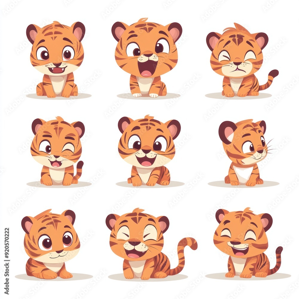 Nine cartoon tiger cubs with different expressions, sitting on white background. Nine cartoon tiger cubs with different expressions, sitting on white background.