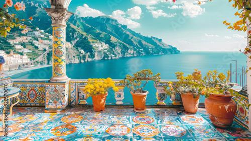 Italian coast landscape, Amalfi beach and colorful ethnic ceramic tiles. Summer, sea life. 300 DPI