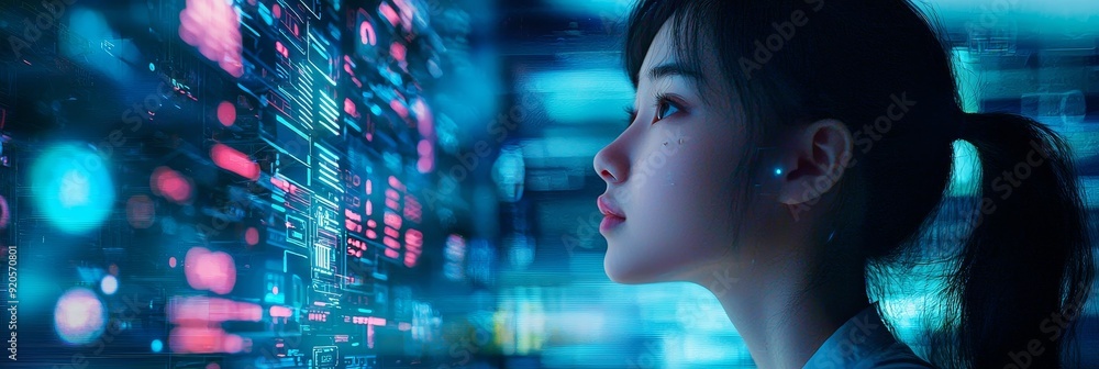 Using smart chatbots for global internet chat connectivity, a businesswoman uses futuristic AI technology Using smart chatbots for global internet chat connectivity, a businesswoman uses futuristic AI technology