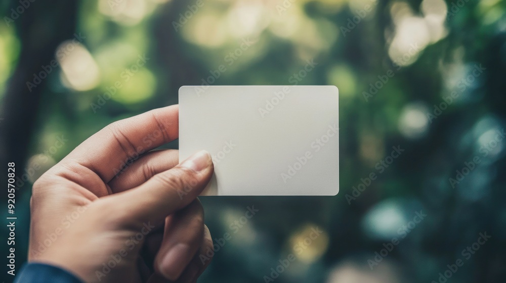 Hand Holding Blank White Card Against Blurred Green Background Hand Holding Blank White Card Against Blurred Green Background
