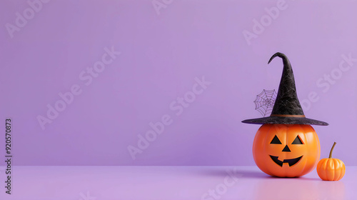 halloween jack o lantern pumpkin in witch hat. Isolated purple background, copy space for text. For LinkedIn, wallpaper, banner, design, blog, cover, social media, youtube photo