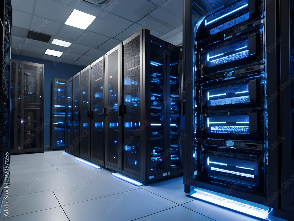 Servers racks walkthrough in Modern data center. Cloud computing datacenter server room. Cloud computing data storage 3d renderserver rack with servers,server rack with servers,server rack in a center Servers racks walkthrough in Modern data center. Cloud computing datacenter server room. Cloud computing data storage 3d renderserver rack with servers,server rack with servers,server rack in a center