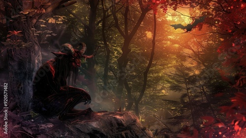 halloween witch sit in forest with sunlight background photo