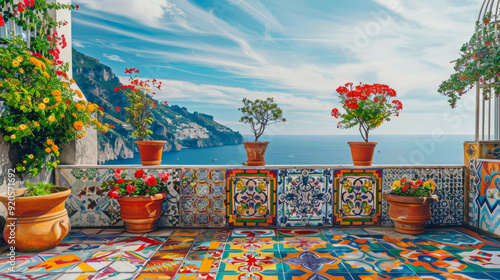 Italian coast landscape, Amalfi beach and colorful ethnic ceramic tiles. Summer, sea life. 300 DPI