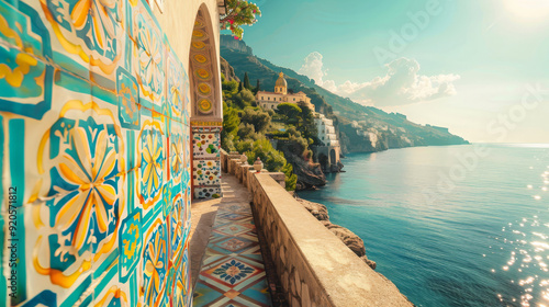 Italian coast landscape, Amalfi beach and colorful ethnic ceramic tiles. Summer, sea life. 300 DPI photo