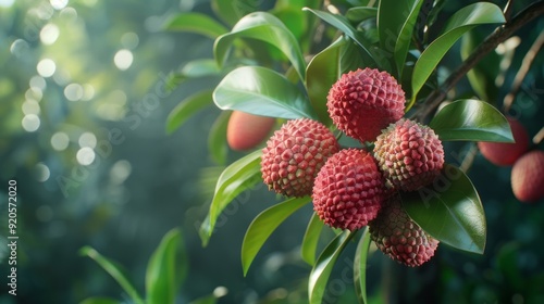 A bunch of red fruit hanging from a tree photo