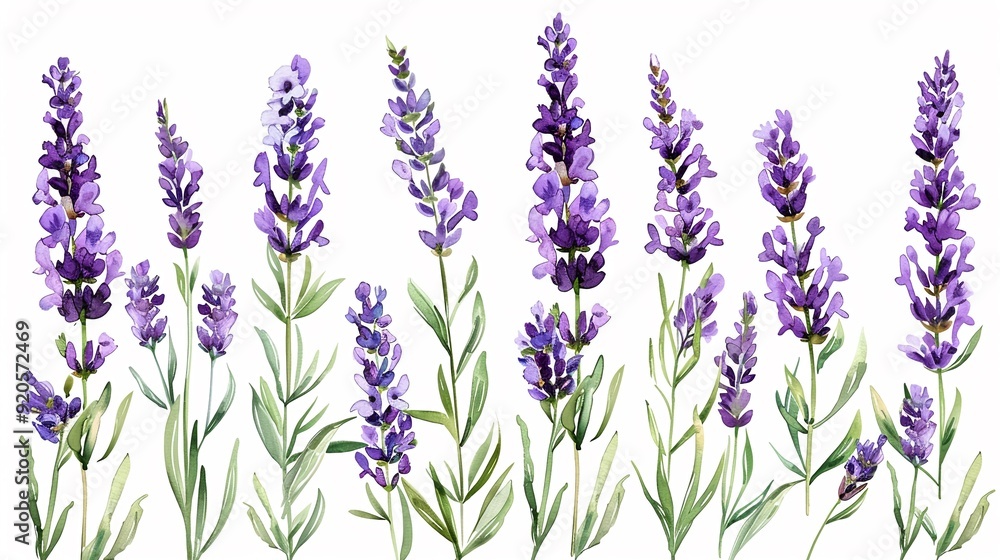 Fototapeta premium lavender clipart with delicate purple flowers and green stems,Clipart, watercolor illustration, Perfect for nursery art The style is handdrawn, white background
