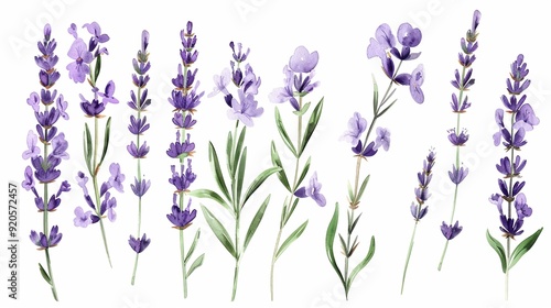 lavender clipart with delicate purple flowers and green stems,Clipart, watercolor illustration, Perfect for nursery art The style is handdrawn, white background