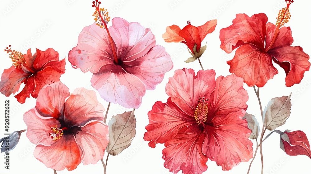 hibiscus clipart with tropical blooms in shades of red and pink,Clipart, watercolor illustration, Perfect for nursery art The style is handdrawn, white background hibiscus clipart with tropical blooms in shades of red and pink,Clipart, watercolor illustration, Perfect for nursery art The style is handdrawn, white background