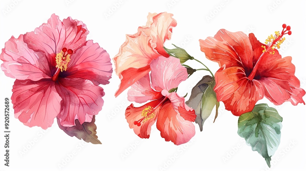 hibiscus clipart with tropical blooms in shades of red and pink,Clipart, watercolor illustration, Perfect for nursery art The style is handdrawn, white background hibiscus clipart with tropical blooms in shades of red and pink,Clipart, watercolor illustration, Perfect for nursery art The style is handdrawn, white background