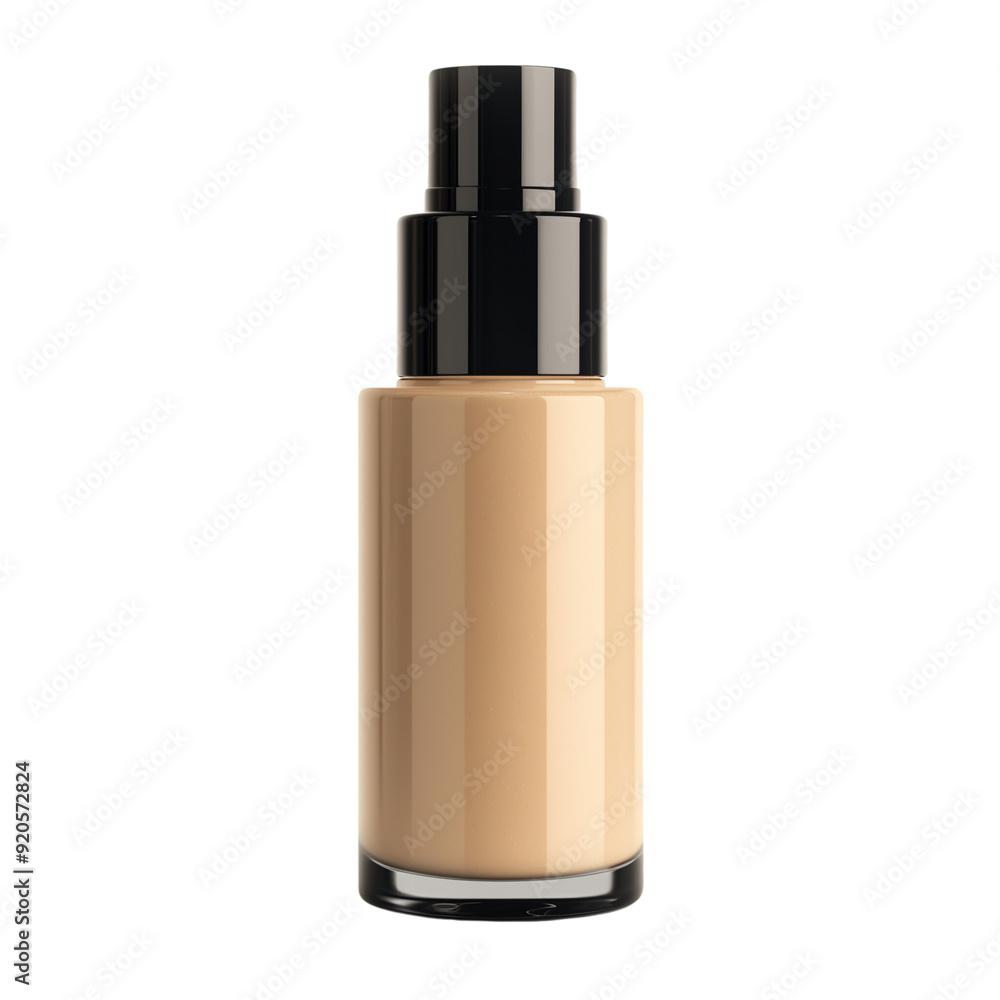 A bottle of beige liquid foundation with a black cap A bottle of beige liquid foundation with a black cap