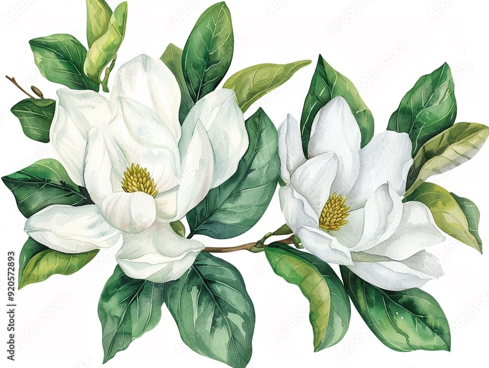 magnolia clipart with large white petals and green leaves,Clipart, watercolor illustration, Perfect for nursery art The style is handdrawn, white background