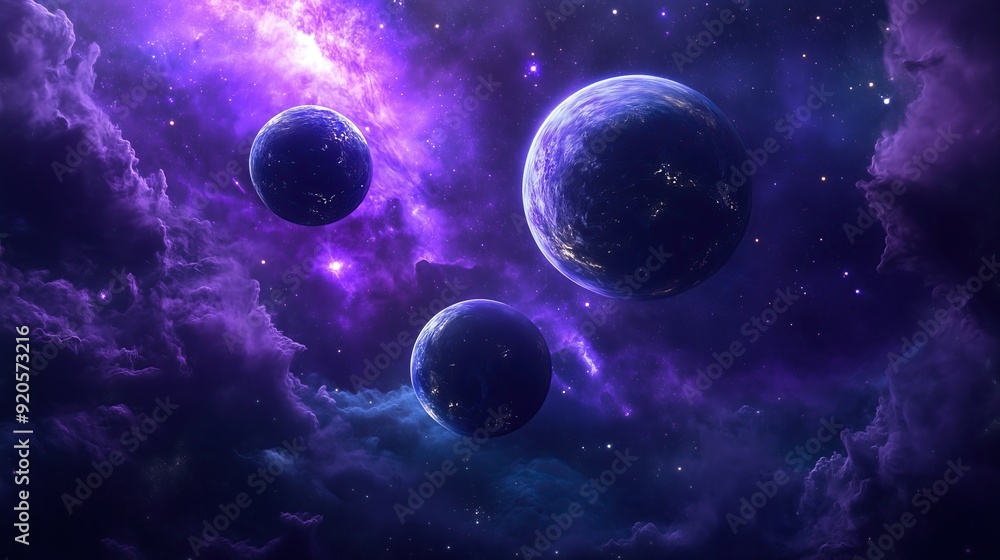 Whimsical space scene with cute purple planets Whimsical space scene with cute purple planets