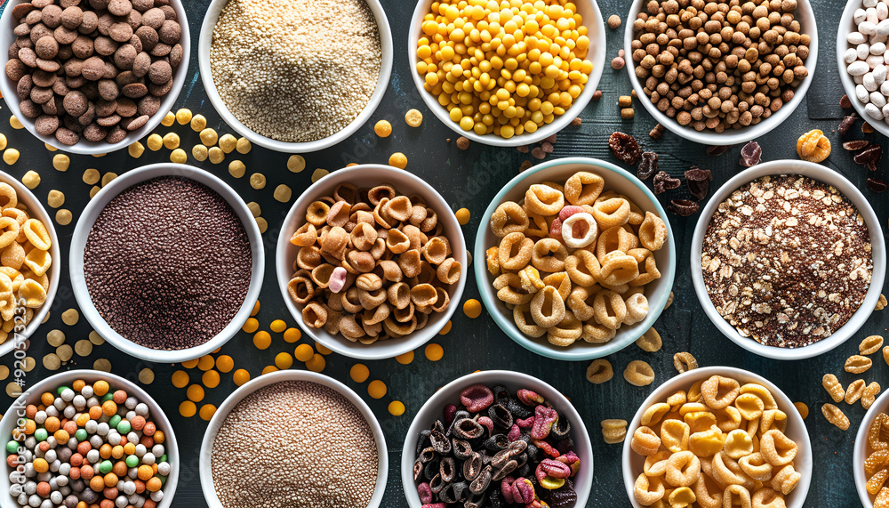 Variety of cold cereals, quick breakfast for kids overhead shot Variety of cold cereals, quick breakfast for kids overhead shot