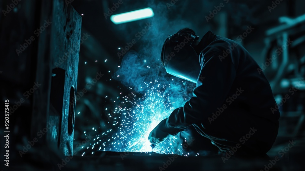 Wired worker welding with blue sparks in dark factory Wired worker welding with blue sparks in dark factory