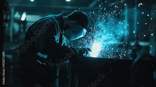 Wired worker welding with blue sparks in dark factory