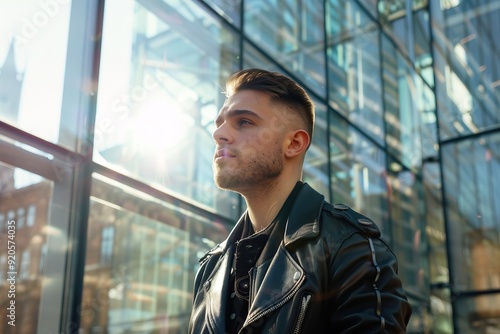 Portrait of caucasian man Urban setting Leather jacket Serious expression Window reflections Blue tinted lighting Side profile