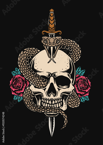 Illustration vintage skull rose flower with snake, Hand drawn vector good for T shirt, poster and logo