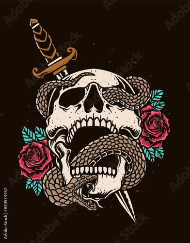 Illustration vintage skull rose flower with snake, Hand drawn vector good for T shirt, poster and logo