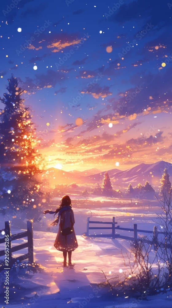 Fototapeta premium Enchanting Anime Winter Wonderland: Dreamy Twilight Snow Scene with Vibrant Sunset Hues. Magical Animated Landscape for Seasonal Greetings, Book Illustrations, and Creative Marketing. AI-Generated 4K