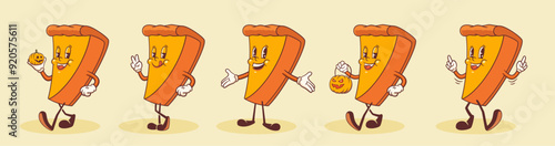 Halloween Groovy Pumpkin Spice Pie Retro Characters Set. Cartoon Sweets Cake Pudding Walking with Jack O Lantern. Vector Autumn Holiday Mascot Template. Happy Vintage Cool Illustration Isolated