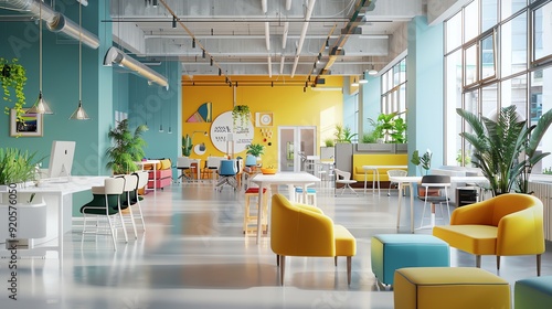 A modern office space with a bright and colorful design.